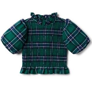 Janie and Jack PLAID SMOCKED BALLOON SLEEVE CROPPED TOP